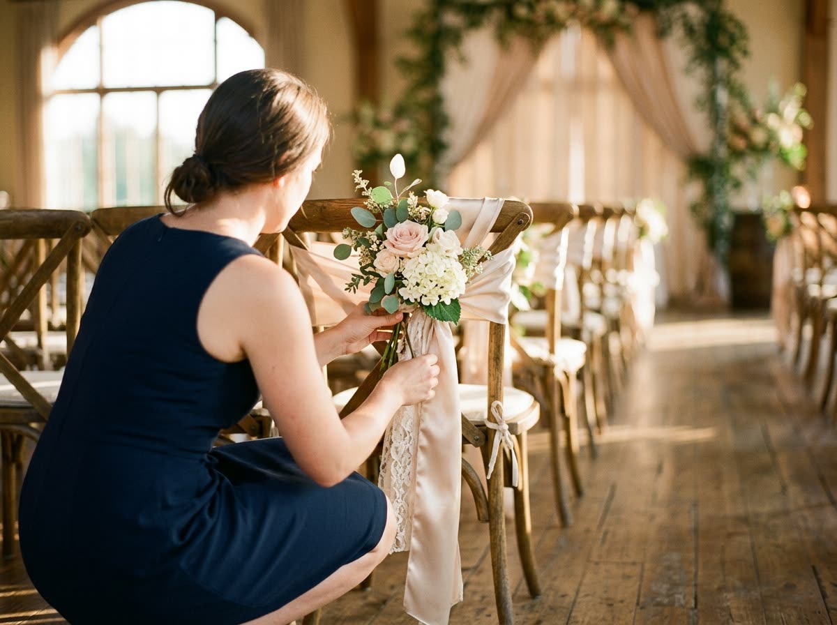 A coordinator seen from behind adjusting a chair sash at the end of a wedding aisle.