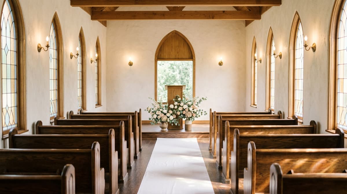A small chapel interior with wooden pews, a white aisle runner and tall arched windows.