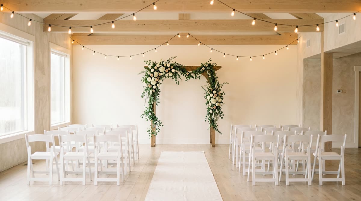 A simple ceremony room with two rows of white chairs, a flower arch and string lights.