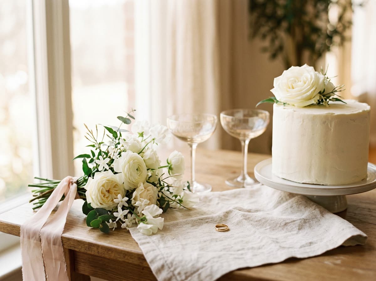 A small posy, a gold band on linen, two glasses and a single-tier white cake.