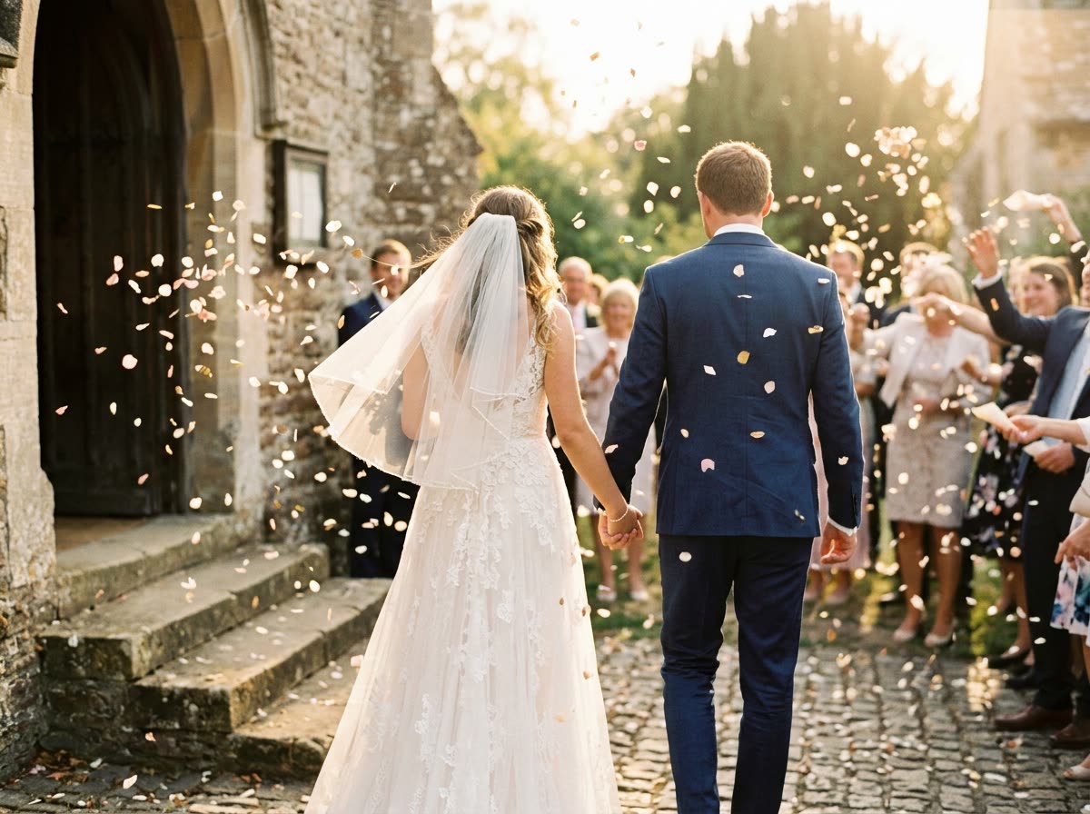 A couple seen from behind stepping down chapel steps with confetti falling around them.