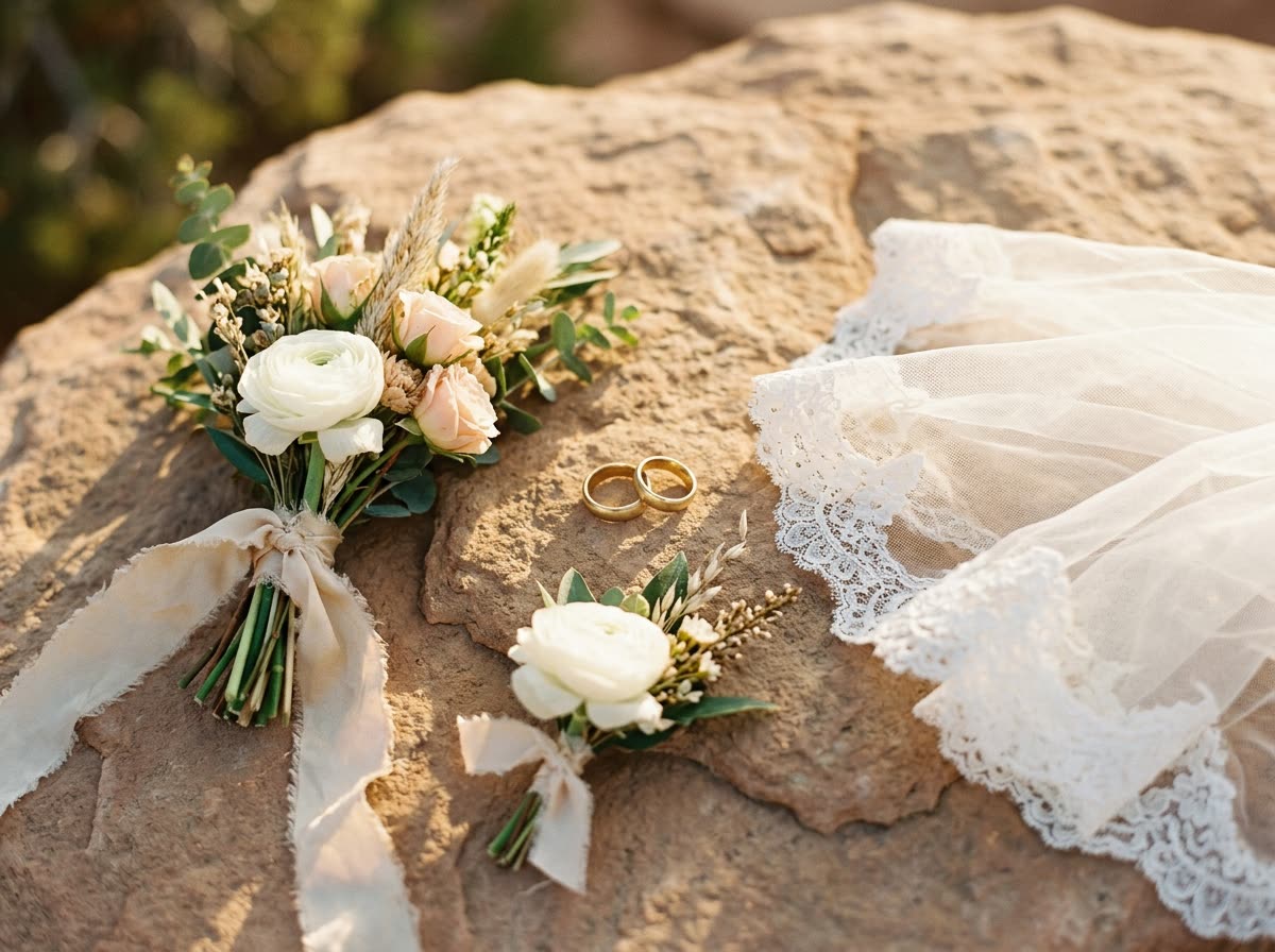 Two gold bands, a boutonniere, a lace veil and a small posy on warm desert stone.