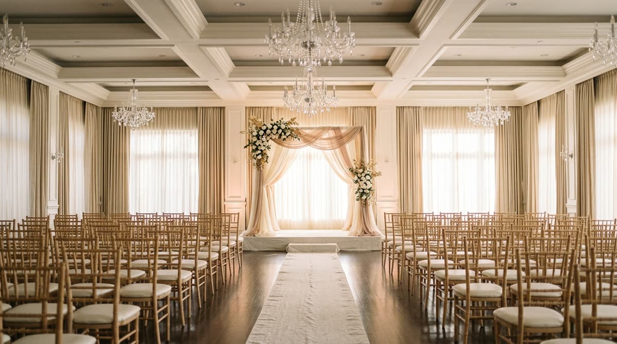 An empty event hall with rows of chiavari chairs facing a draped arch under a chandelier.