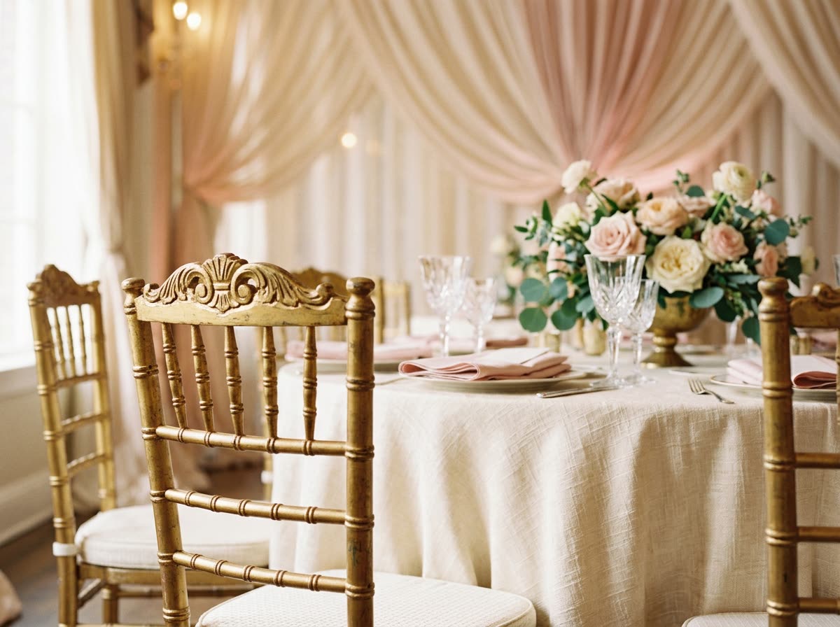 Gilt chair backs in front of a linen-set table with glassware and a low floral centrepiece.