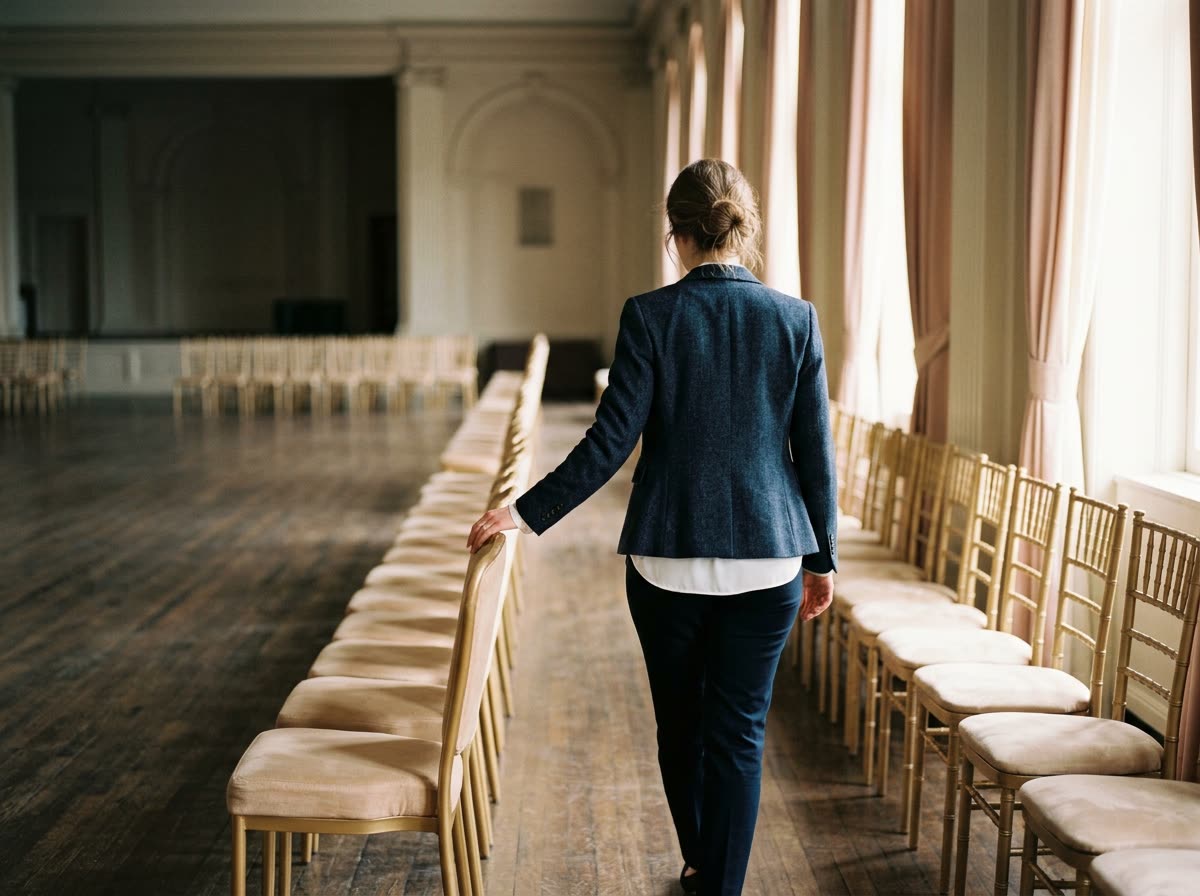 A person in a jacket, seen from behind, trailing a hand along chair backs in an empty hall.
