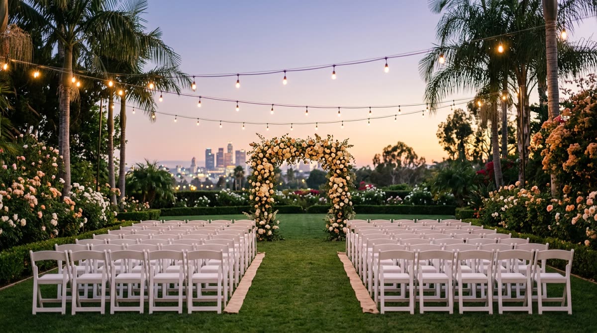A garden ceremony lawn at dusk with a floral arch, white chairs, palms and string lights.