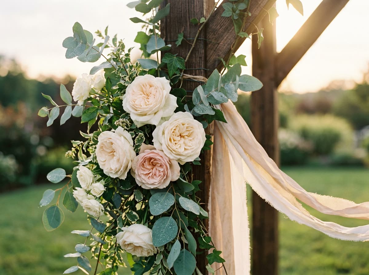 Close view of greenery, ivory roses and trailing ribbon wired to a wedding arch frame.