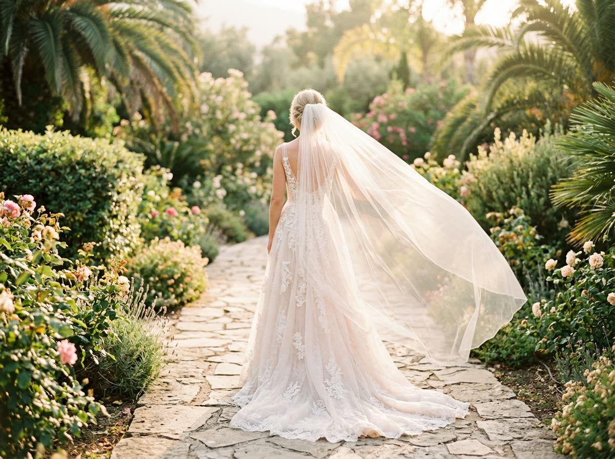 A bride seen from behind on a garden path with her long veil lifting in the breeze.