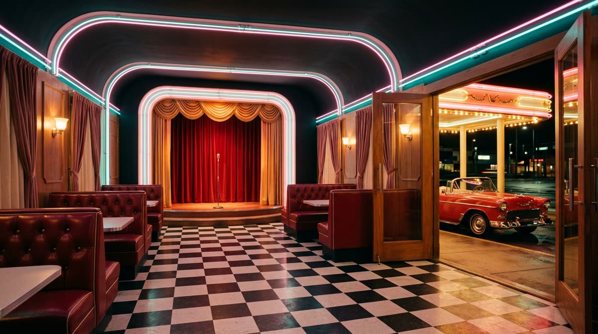 A retro chapel interior with neon tubing, vinyl booths and a convertible seen through the doors.