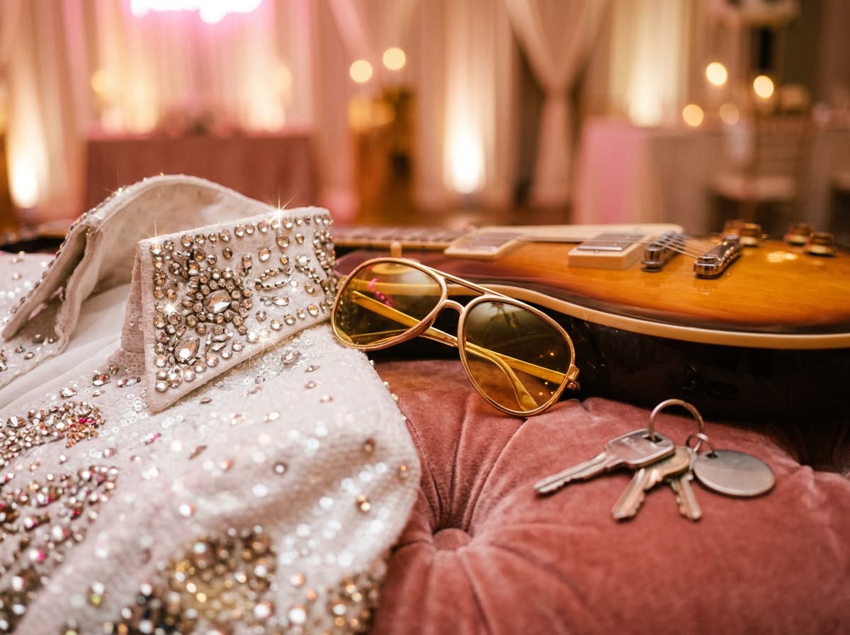 A rhinestone jumpsuit collar, gold aviator sunglasses, a guitar edge and car keys in neon light.