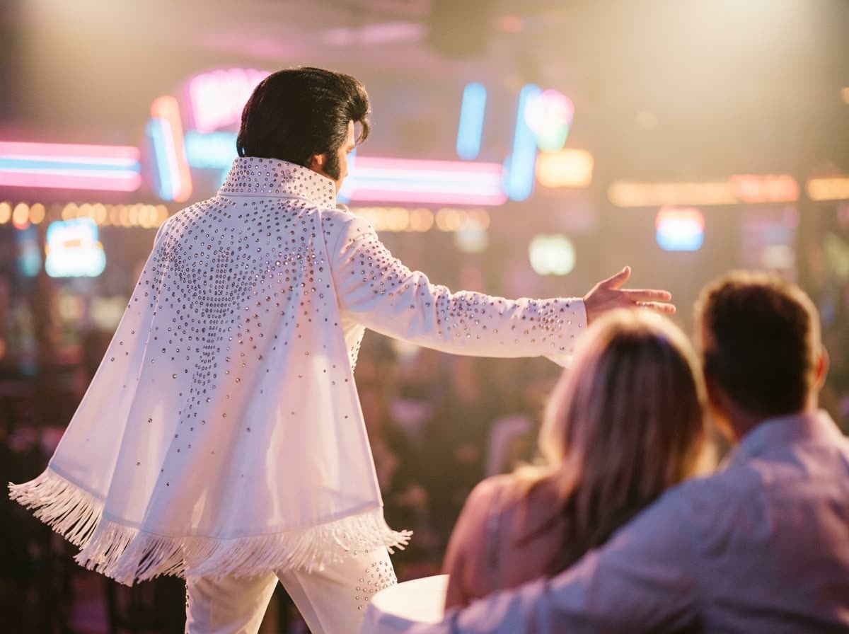 An entertainer in a white rhinestone jumpsuit, seen from behind, gesturing toward a blurred couple.