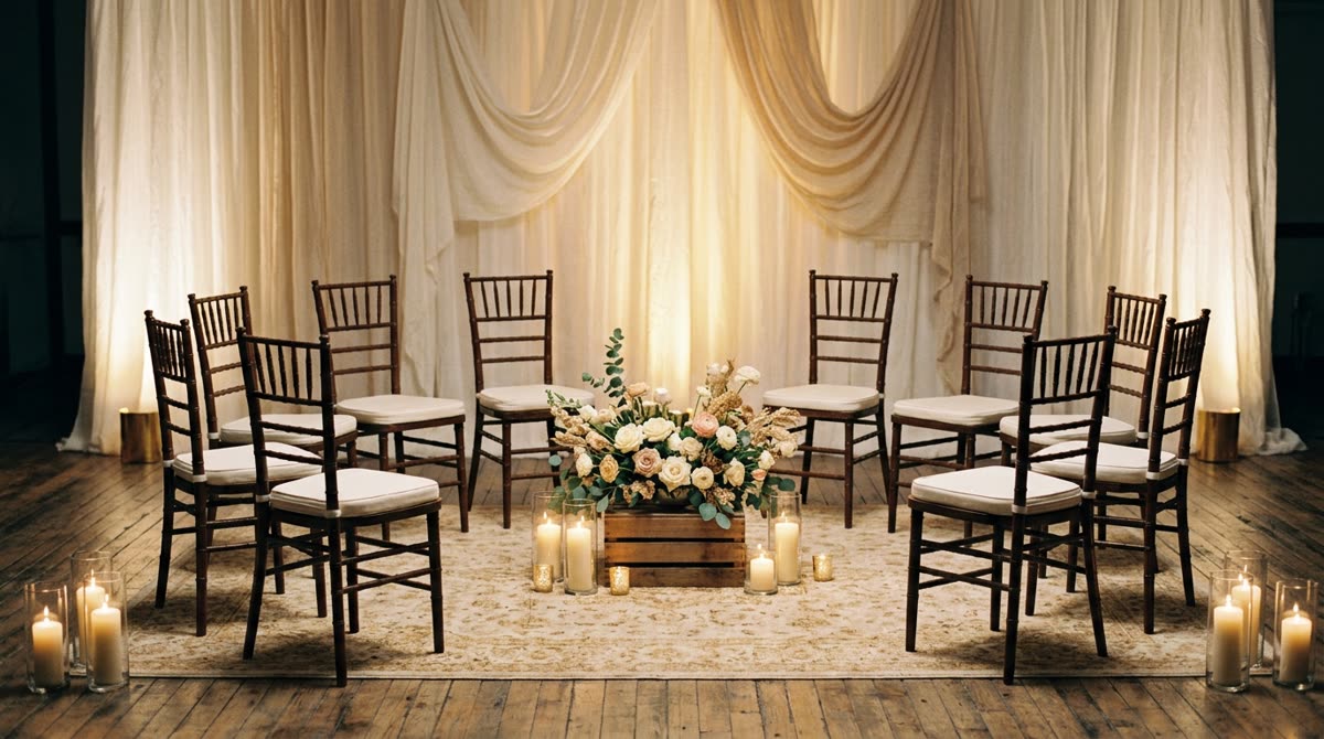 An intimate ceremony space with chairs in a semicircle around candles and a floral arrangement.