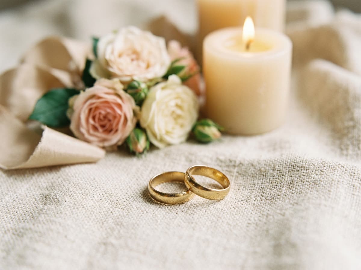 Two worn gold wedding bands on linen beside a lit candle and a small posy of roses.