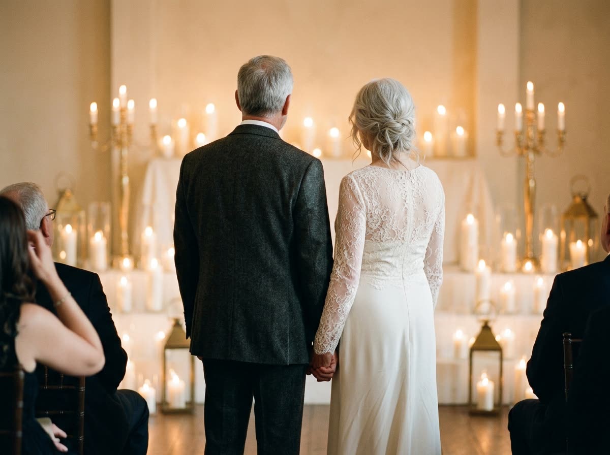 A couple seen from behind holding hands in front of a candlelit backdrop.