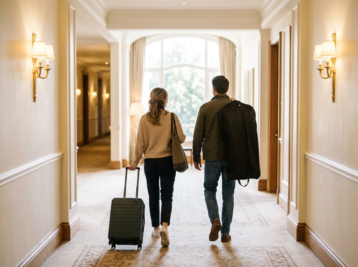 A couple seen from behind wheeling a suitcase and carrying a garment bag down a hotel corridor.